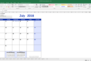School Calendar July 2018 – August 2019 Excel Template Free Download